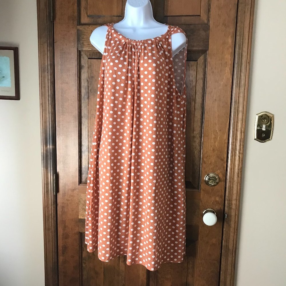 NWT SIMPLE/Suzanne Betro Rust & White Polka Dots Gathered Neck A-Line Dress 1X